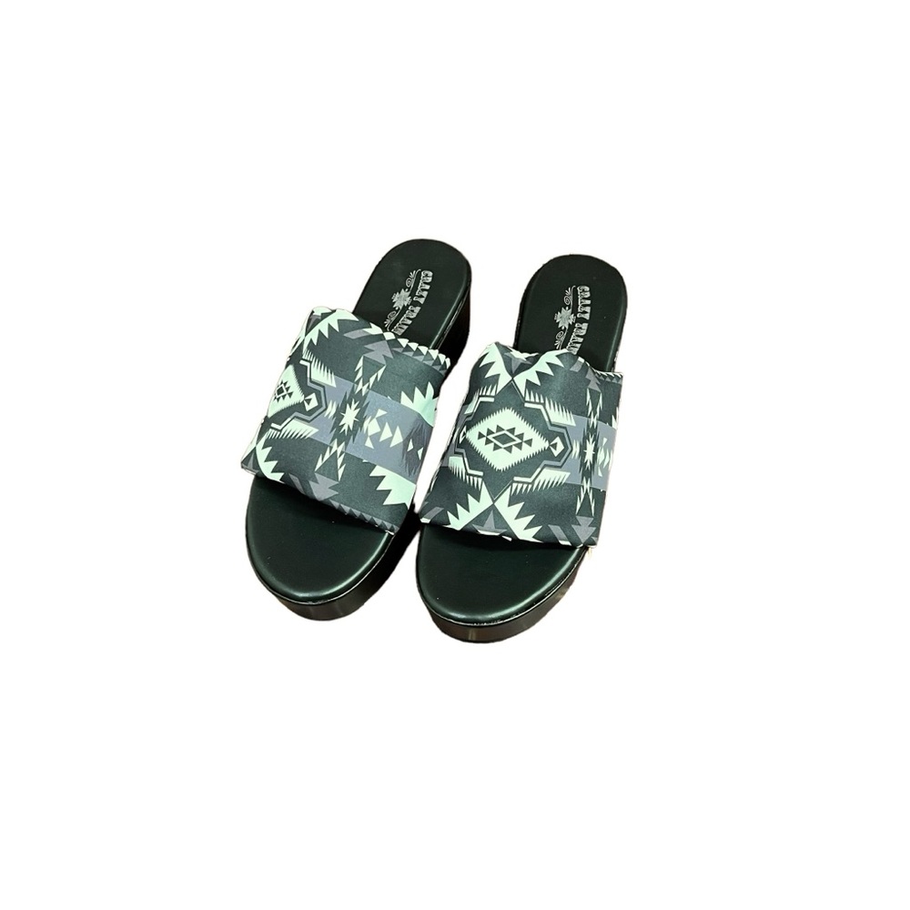 Crazy Train 90s Platty Aztec Bold Black & White Sandal Wedges Platform Slides 9 - Picture 2 of 8